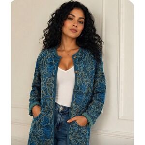 Sundance Merino Wool Floral Knit Longline Cardigan Sweater Teal Gold PM Women's